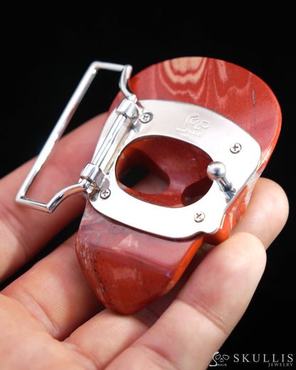 Gem Skull Buckle of Red Jasper Carved Skull with Genuine Leather-9500110 Skull Buckles