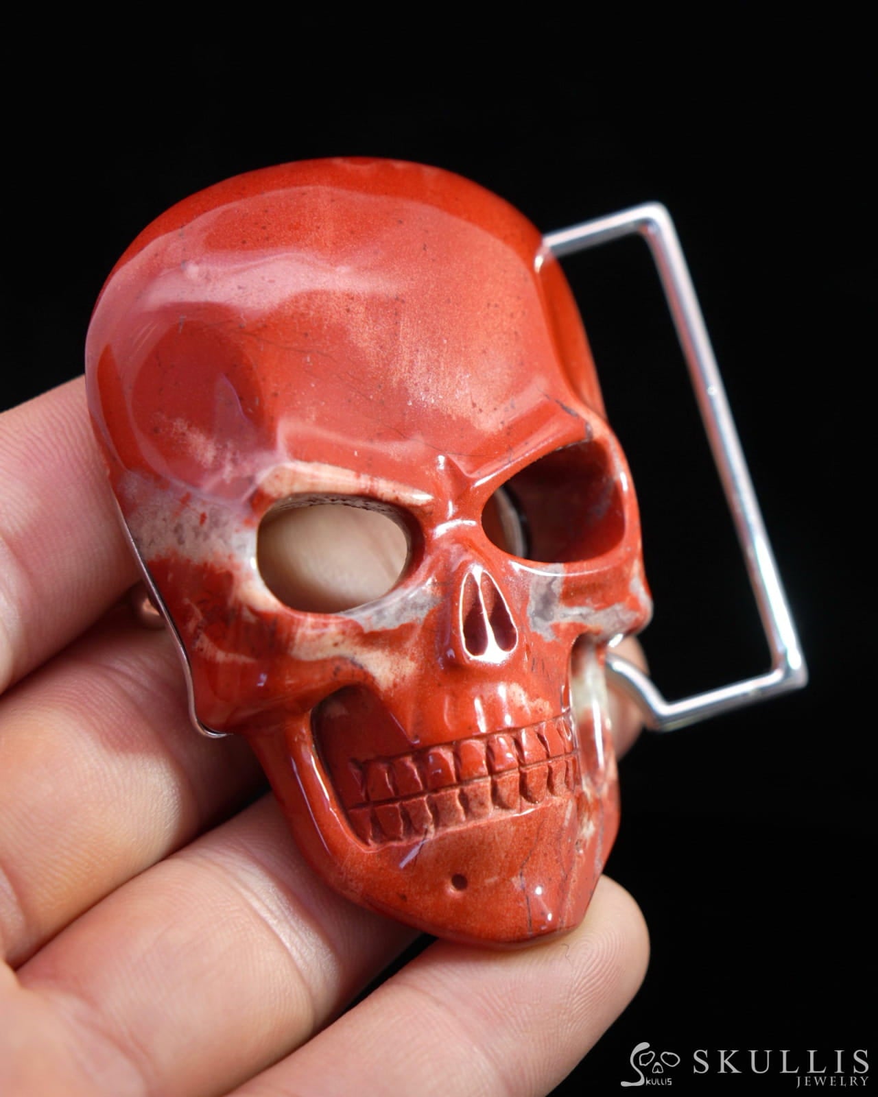 Gem Skull Buckle of Red Jasper Carved Skull with Genuine Leather-9500110 Skull Buckles