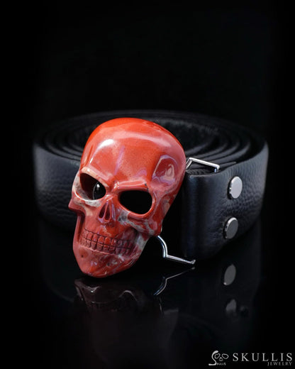 Gem Skull Buckle of Red Jasper Carved Skull with Genuine Leather-9500110 Skull Buckles