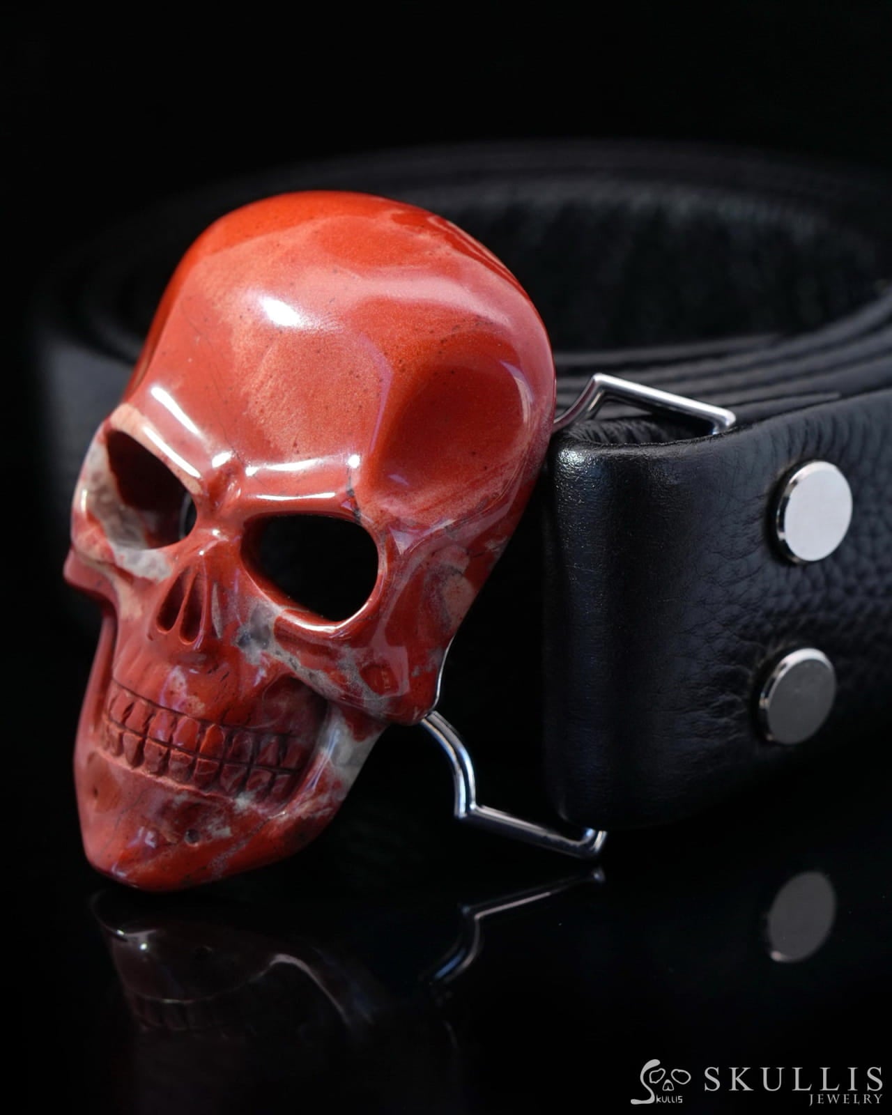 Gem Skull Buckle of Red Jasper Carved Skull with Genuine Leather-9500110 Skull Buckles