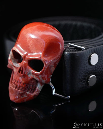 Gem Skull Buckle of Red Jasper Carved Skull with Genuine Leather-9500110 Skull Buckles