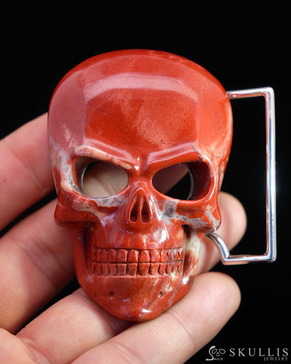 Gem Skull Buckle of Red Jasper Carved Skull with Genuine Leather-9500110 Skull Buckles
