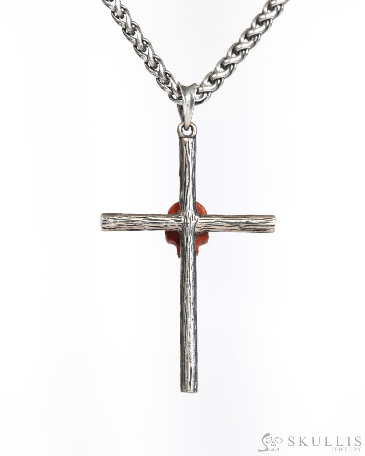 Gem Skull Cross Pendant Necklace of Red Jasper Carved Skull with 925 Sterling Silver- ZR19900173 Skull Pendants