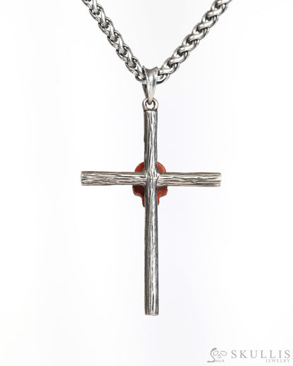 Gem Skull Cross Pendant Necklace of Red Jasper Carved Skull with 925 Sterling Silver- ZR19900173 Skull Pendants