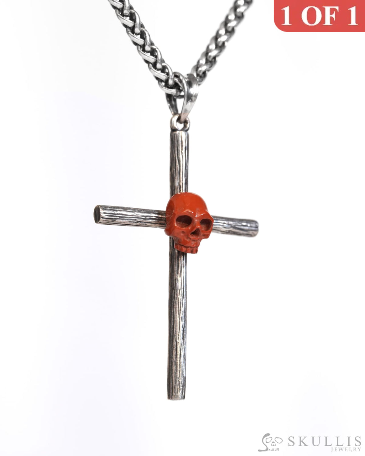 Gem Skull Cross Pendant Necklace of Red Jasper Carved Skull with 925 Sterling Silver- ZR19900173 Skull Pendants