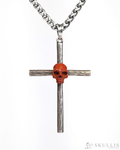 Gem Skull Cross Pendant Necklace of Red Jasper Carved Skull with 925 Sterling Silver- ZR19900173 Skull Pendants