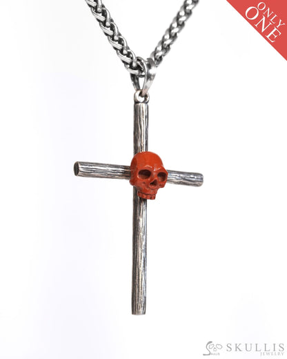 Gem Skull Cross Pendant Necklace of Red Jasper Carved Skull with 925 Sterling Silver- ZR19900173 Skull Pendants
