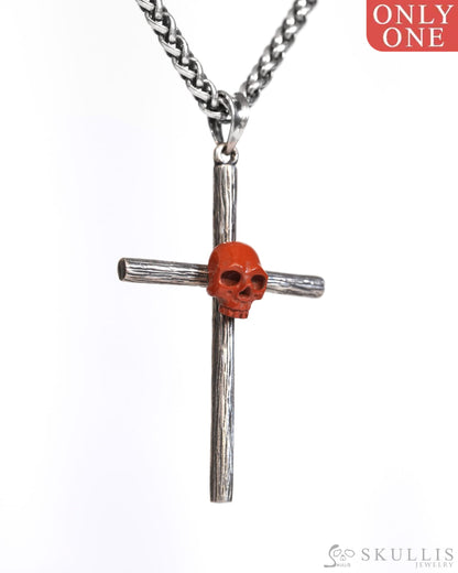 Gem Skull Cross Pendant Necklace of Red Jasper Carved Skull with 925 Sterling Silver- ZR19900173 Skull Pendants