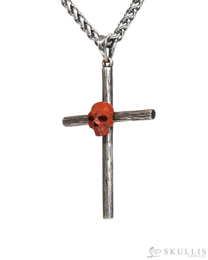 Gem Skull Cross Pendant Necklace of Red Jasper Carved Skull with 925 Sterling Silver- ZR19900173 Skull Pendants