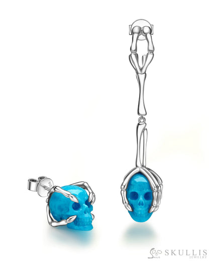 Gem Skull Earrings of American Turquoise Carved Skull, 925 Sterling Silver