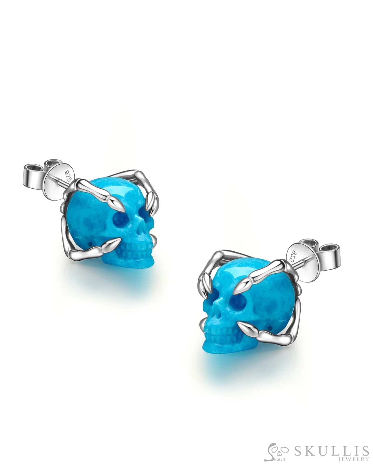 Gem Skull Earrings of American Turquoise Carved Skull 925 Sterling Silver Skull Earrings