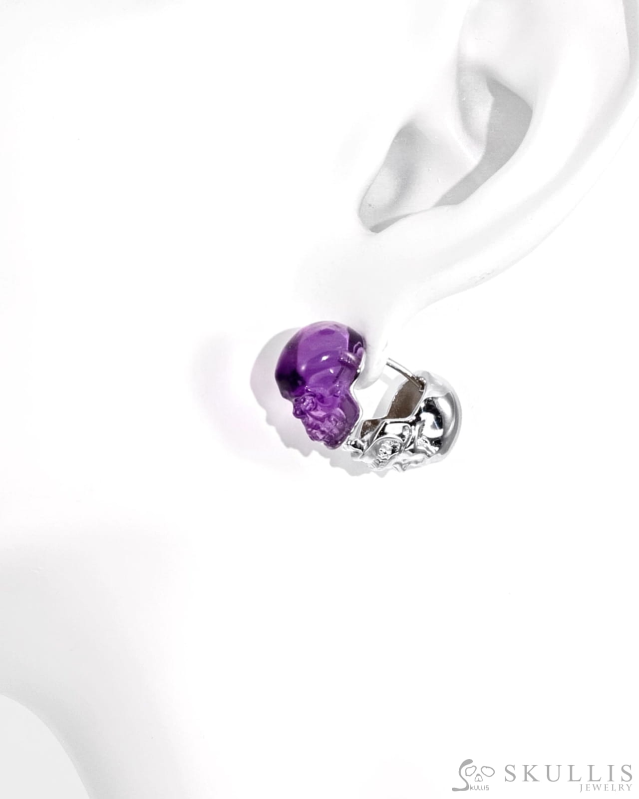 Gem Skull Earrings of Amethyst Carved Skull 925 Sterling Silver-S0001716 Skull Earrings