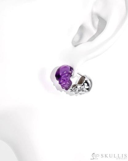 Gem Skull Earrings of Amethyst Carved Skull 925 Sterling Silver-S0001716 Skull Earrings