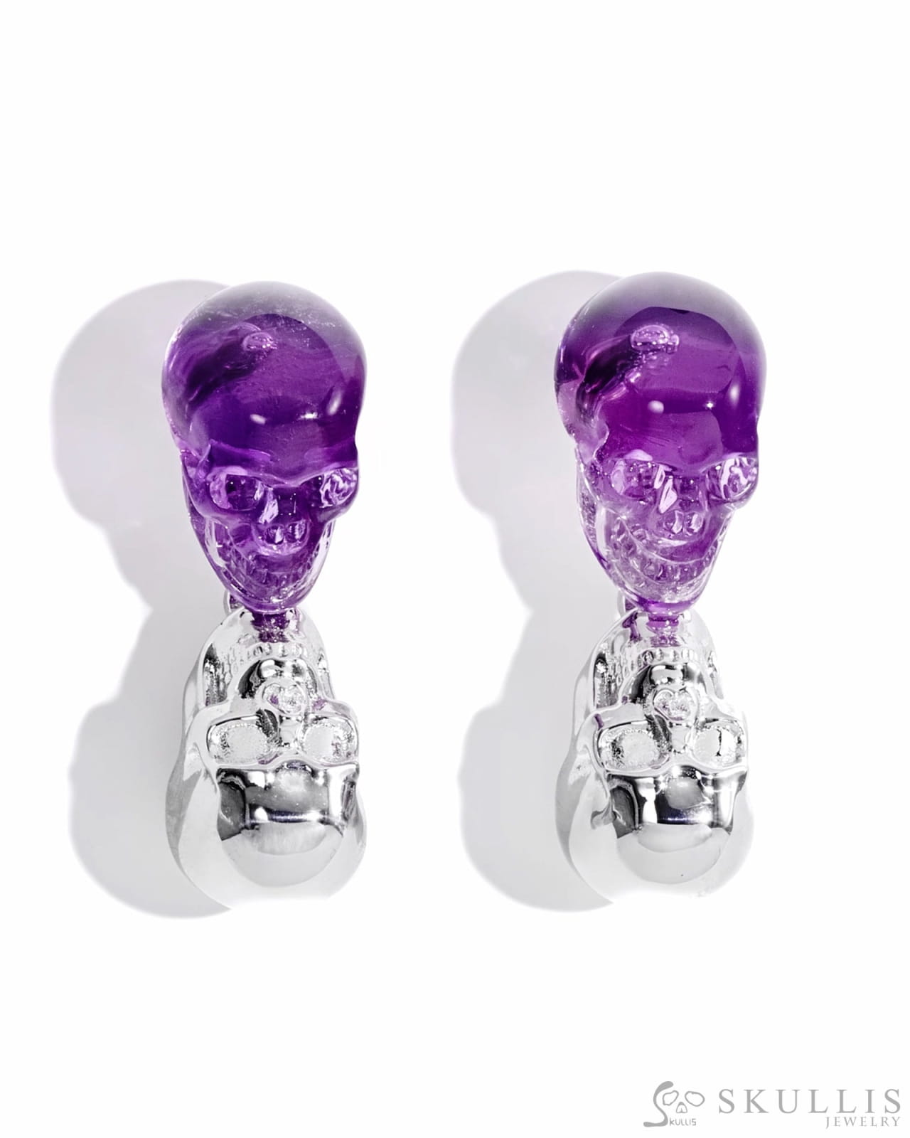 Gem Skull Earrings of Amethyst Carved Skull 925 Sterling Silver-S0001716 Skull Earrings