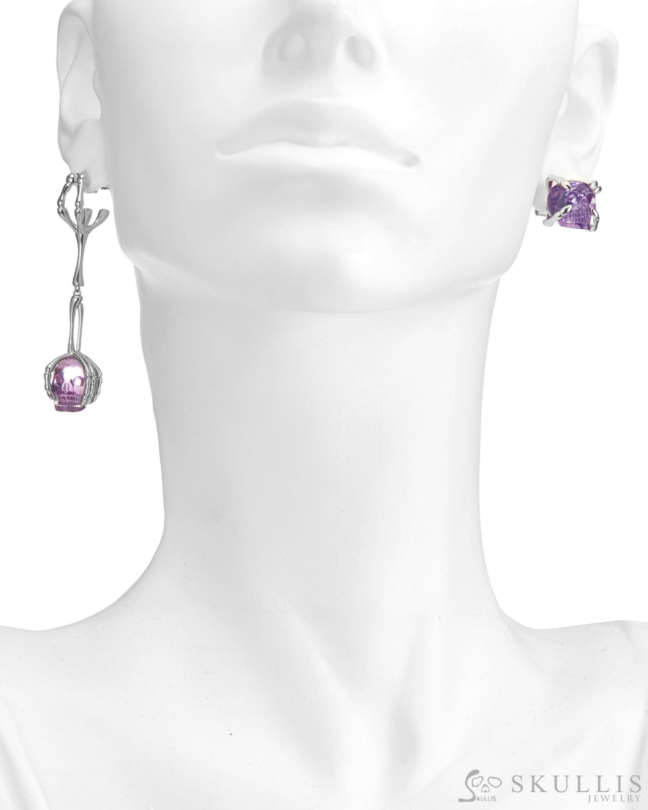 Gem Skull Earrings Of Amethyst Carved Skull In 925 Sterling Silver