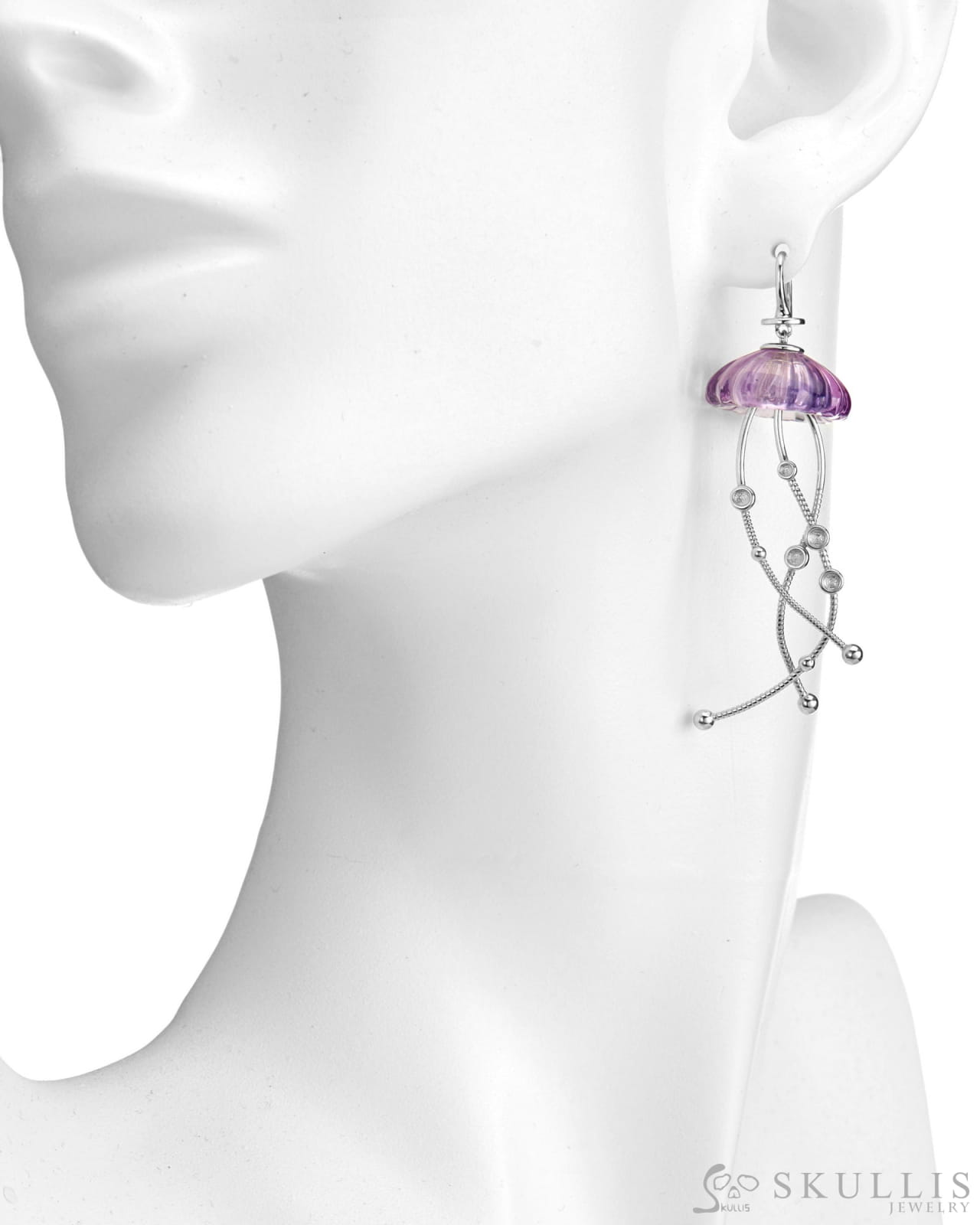 Gem Skull Earrings Of Amethyst Carved Skull In 925 Sterling Silver