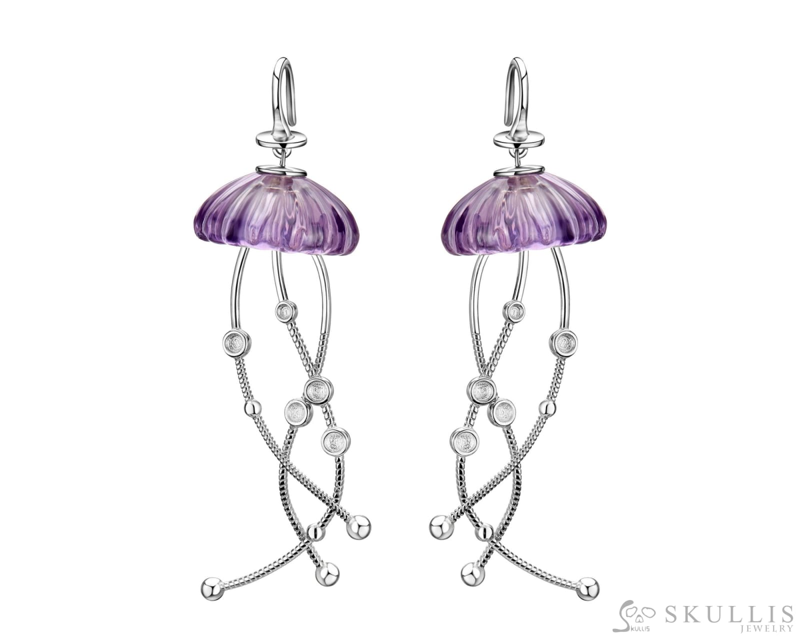 Gem Skull Earrings Of Amethyst Carved Skull In 925 Sterling Silver