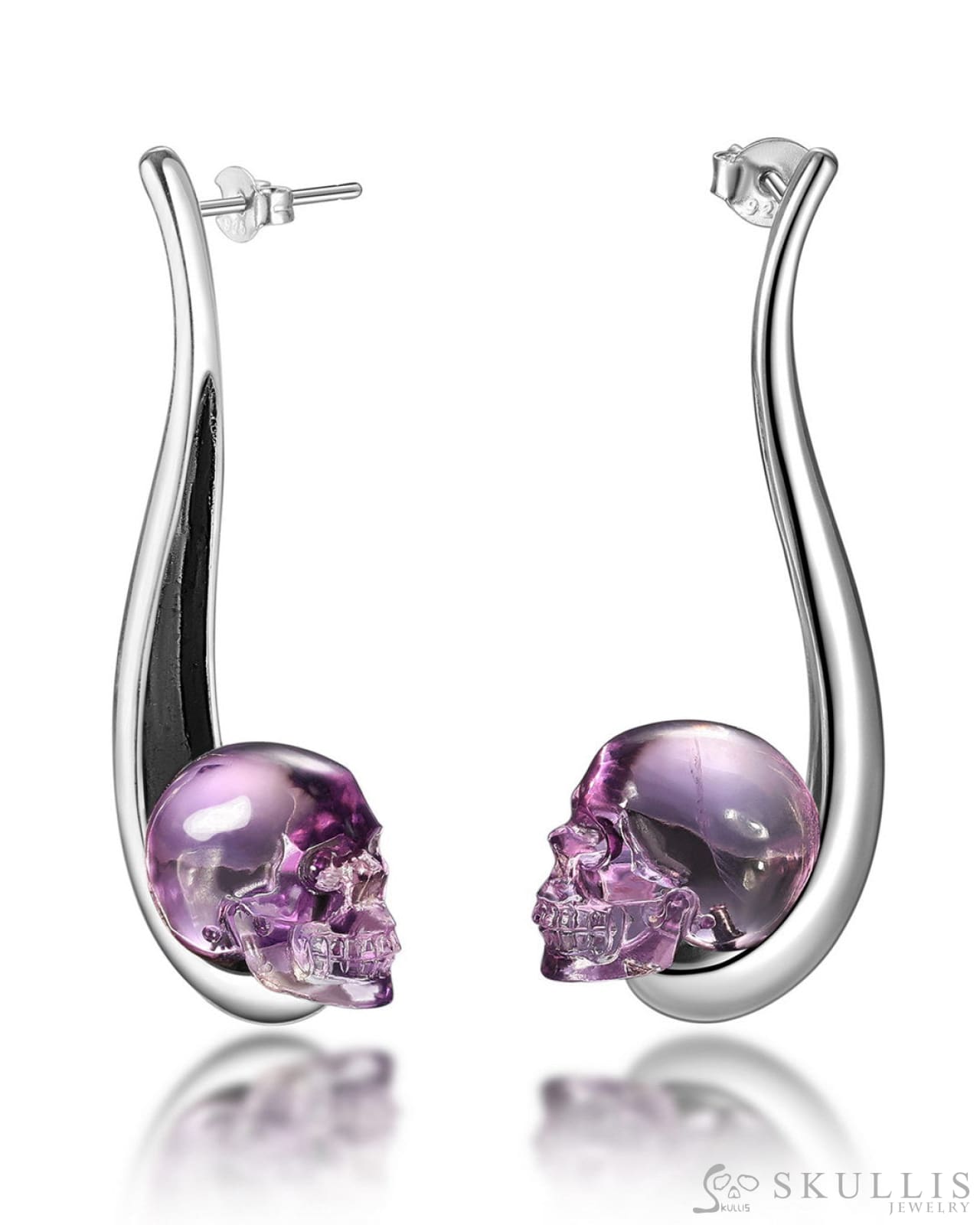 Gem Skull Earrings Of Amethyst Carved Skull In 925 Sterling Silver Skull Earrings