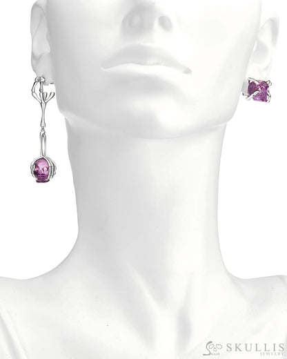 Gem Skull Earrings Of Amethyst Carved Skull In 925 Sterling Silver