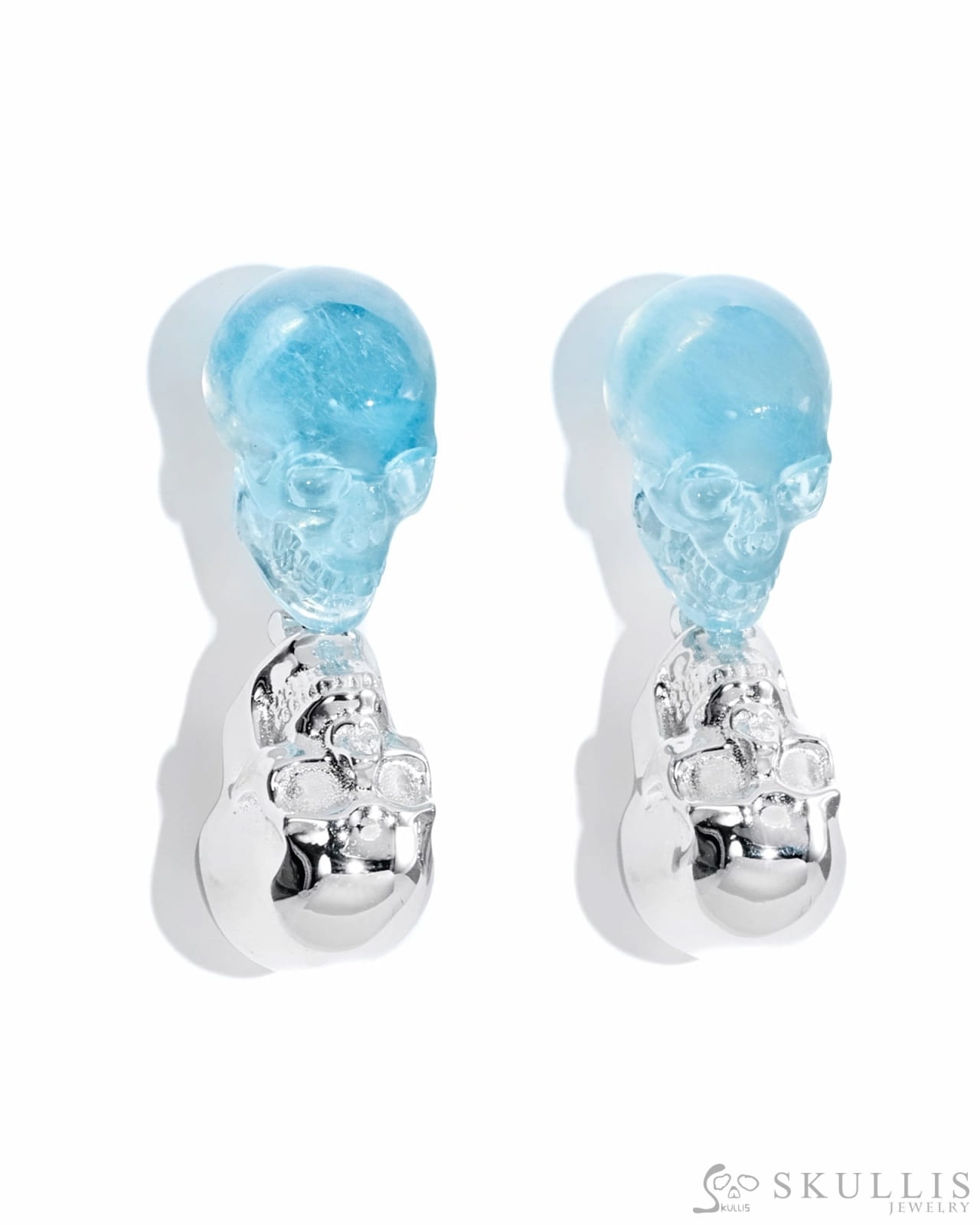 Skull Gem Earrings of Aquamarine Carved Skull 925 Sterling Silver-S0001717 Skull Earrings