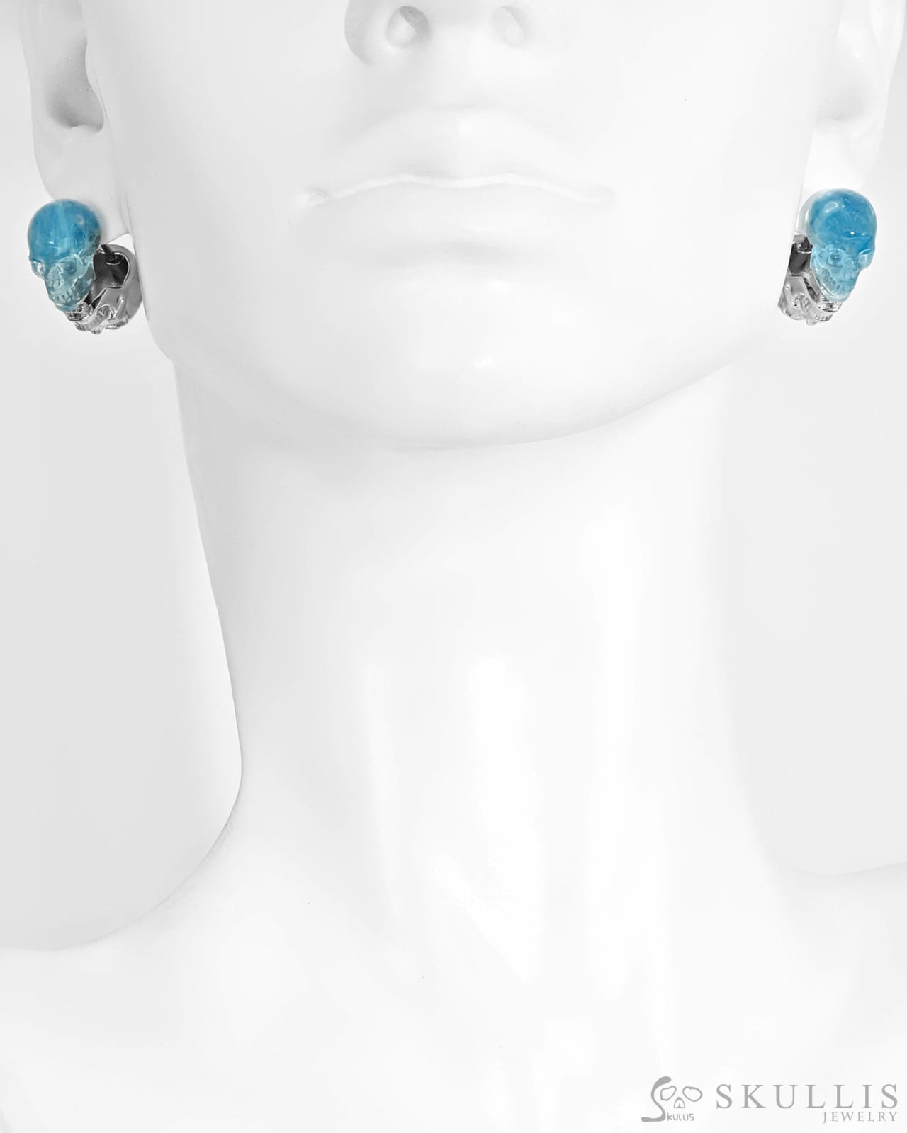 Skull Gem Earrings of Aquamarine Carved Skull 925 Sterling Silver-S0001717 Skull Earrings