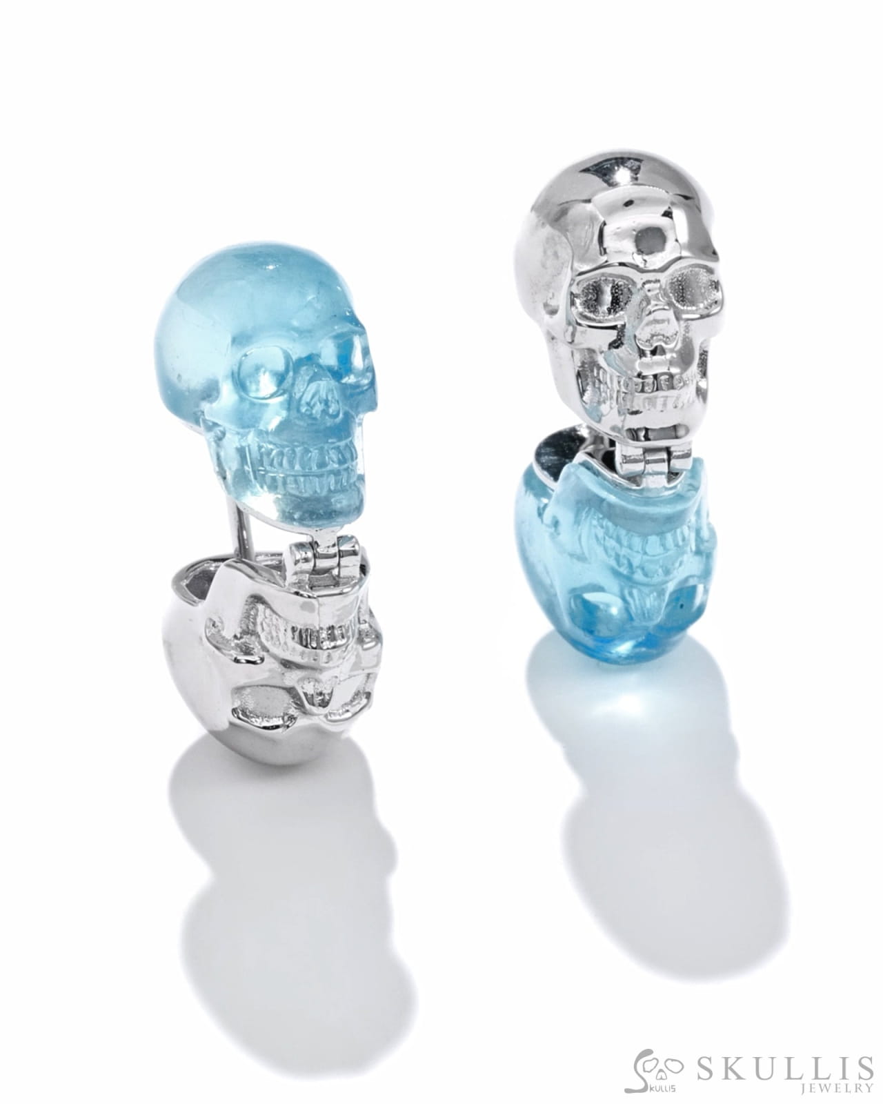 Skull Gem Earrings of Aquamarine Carved Skull 925 Sterling Silver-S0001717 Skull Earrings
