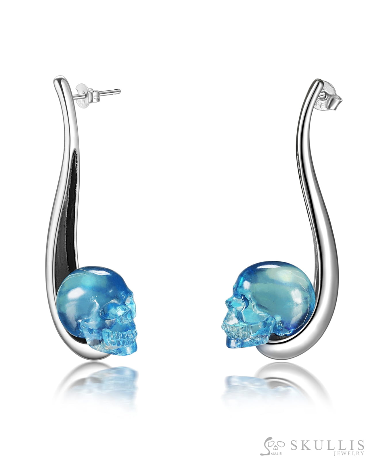 Gem Skull Earrings of Aquamarine Carved Skull in 925 Sterling Silver Skull Earrings