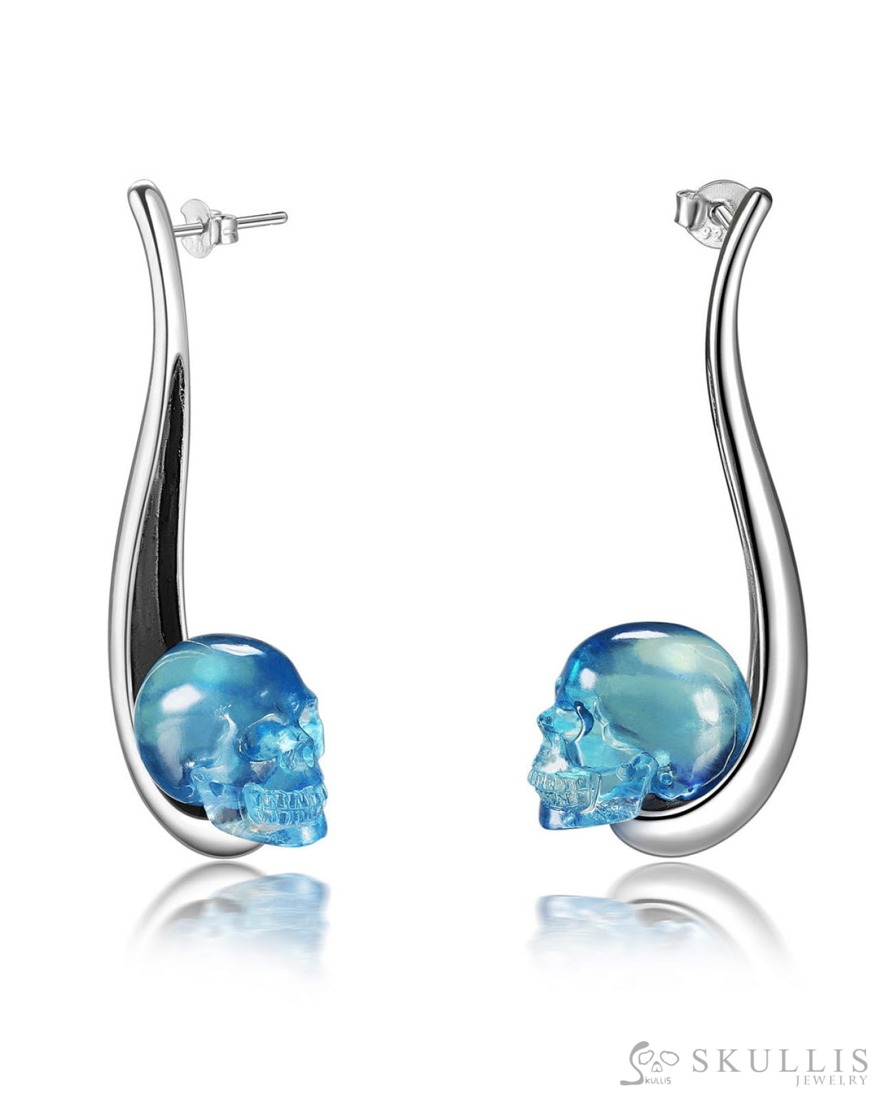 Gem Skull Earrings Of Aquamarine Carved Skull In 925 Sterling Silver Skull Earrings