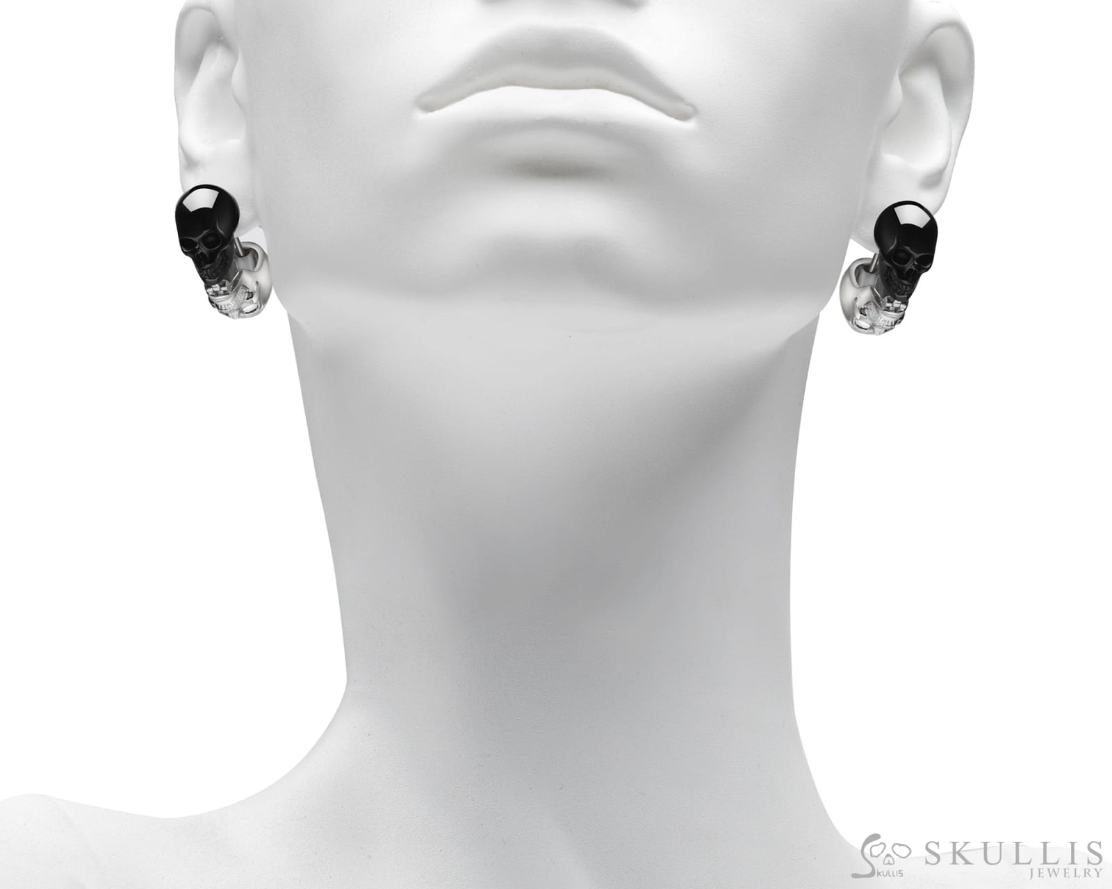 Gem Skull Earrings of Black Obsidian Carved Skull & 925 Sterling Silver Skull Skull Earrings