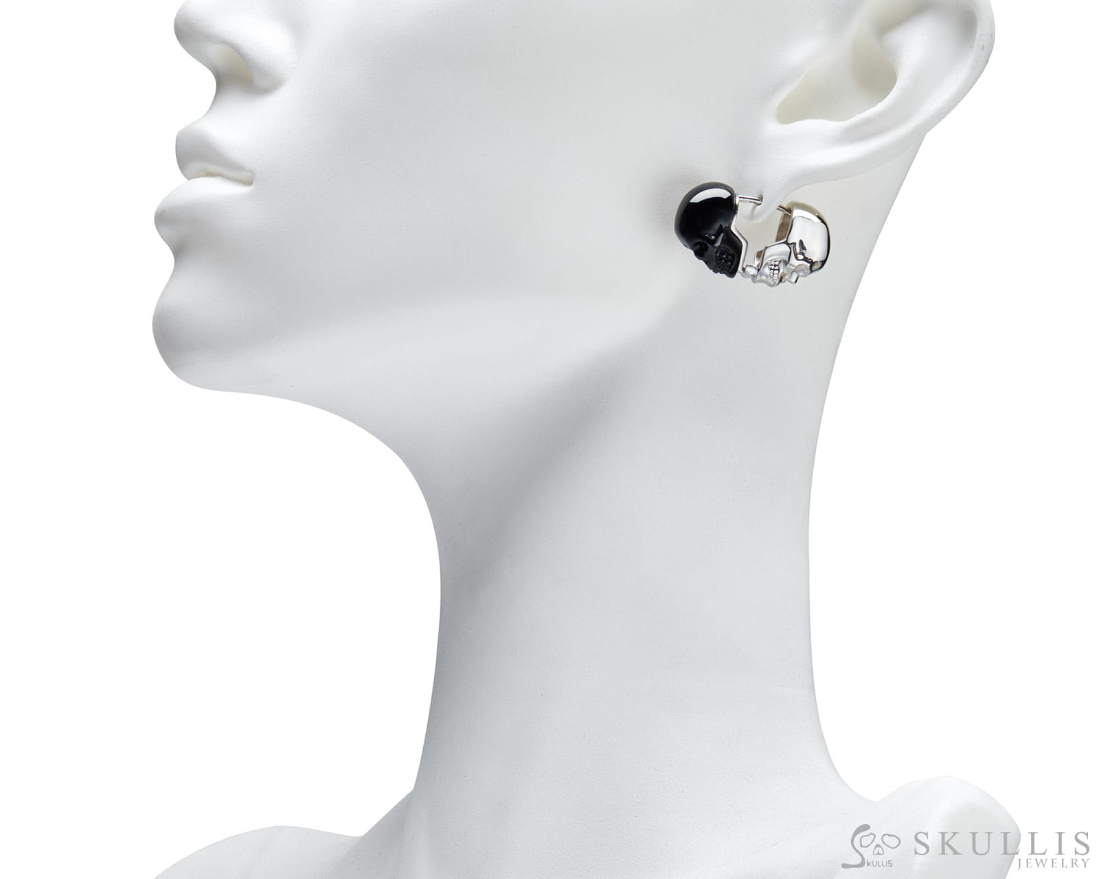Gem Skull Earrings of Black Obsidian Carved Skull & 925 Sterling Silver Skull Skull Earrings