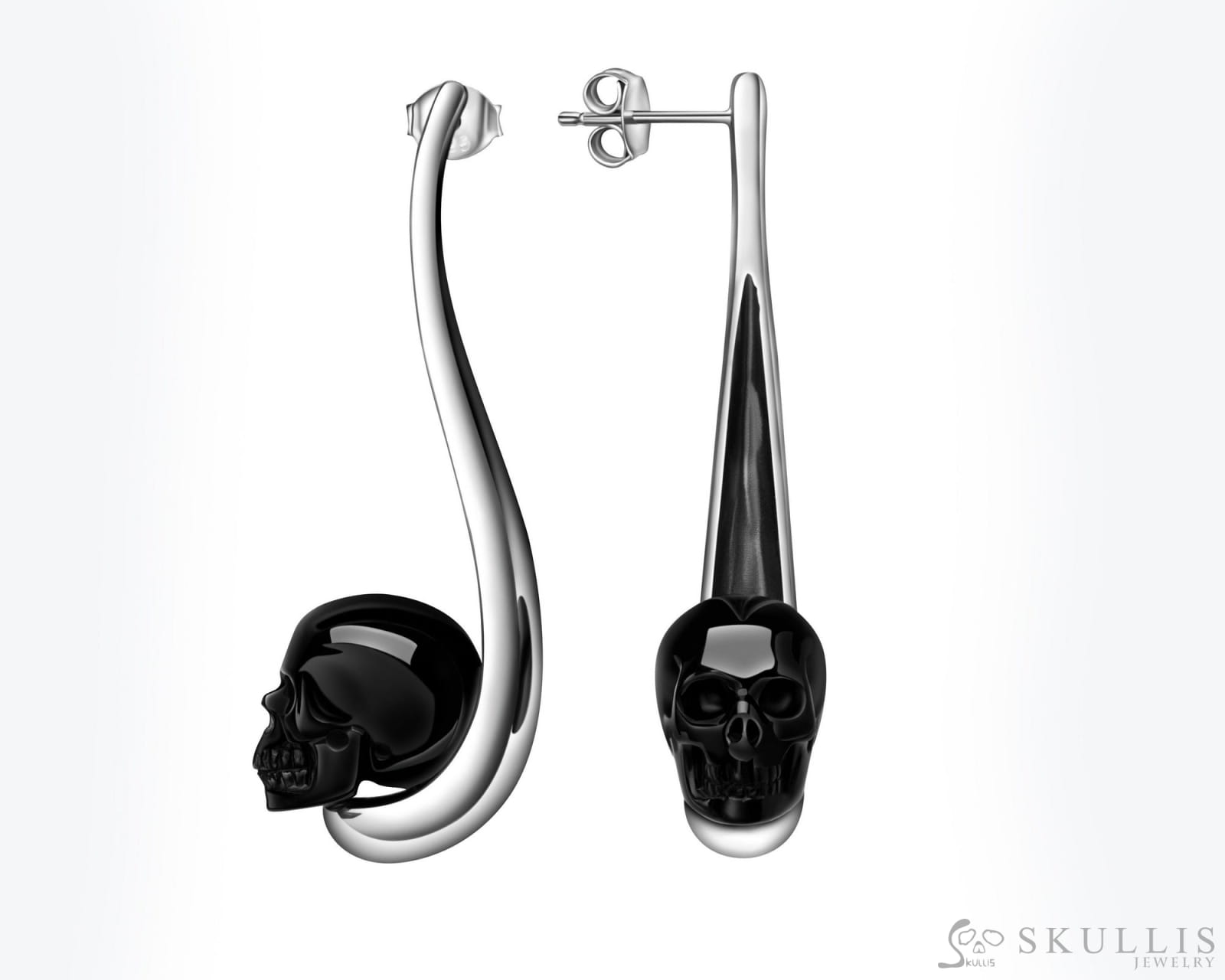 Gem Skull Earrings of Black Obsidian Carved Skull in 925 Sterling Silver Skull Earrings