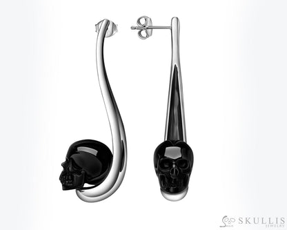Gem Skull Earrings of Black Obsidian Carved Skull in 925 Sterling Silver Skull Earrings