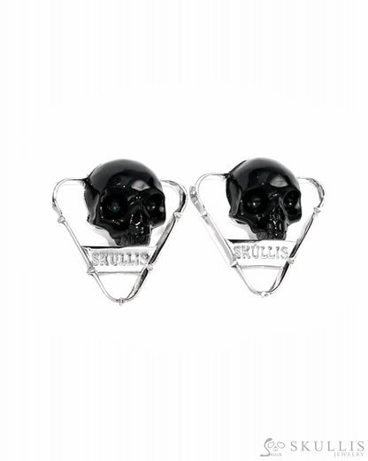 Skull Earrings Of Black Obsidian Carved Skull In 925 Sterling Silver.