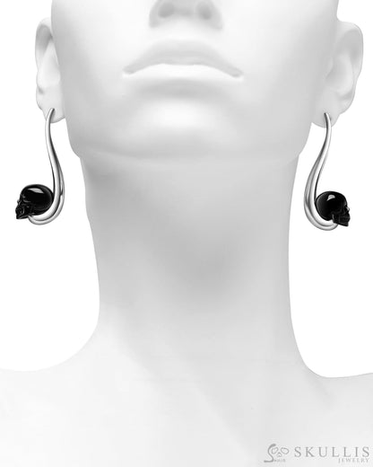 Gem Skull Earrings Of Black Obsidian Carved Skull In 925 Sterling Silver Skull