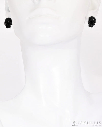 Gem Earrings Of Black Obsidian Carved Skull In 925 Sterling Silver. Skull