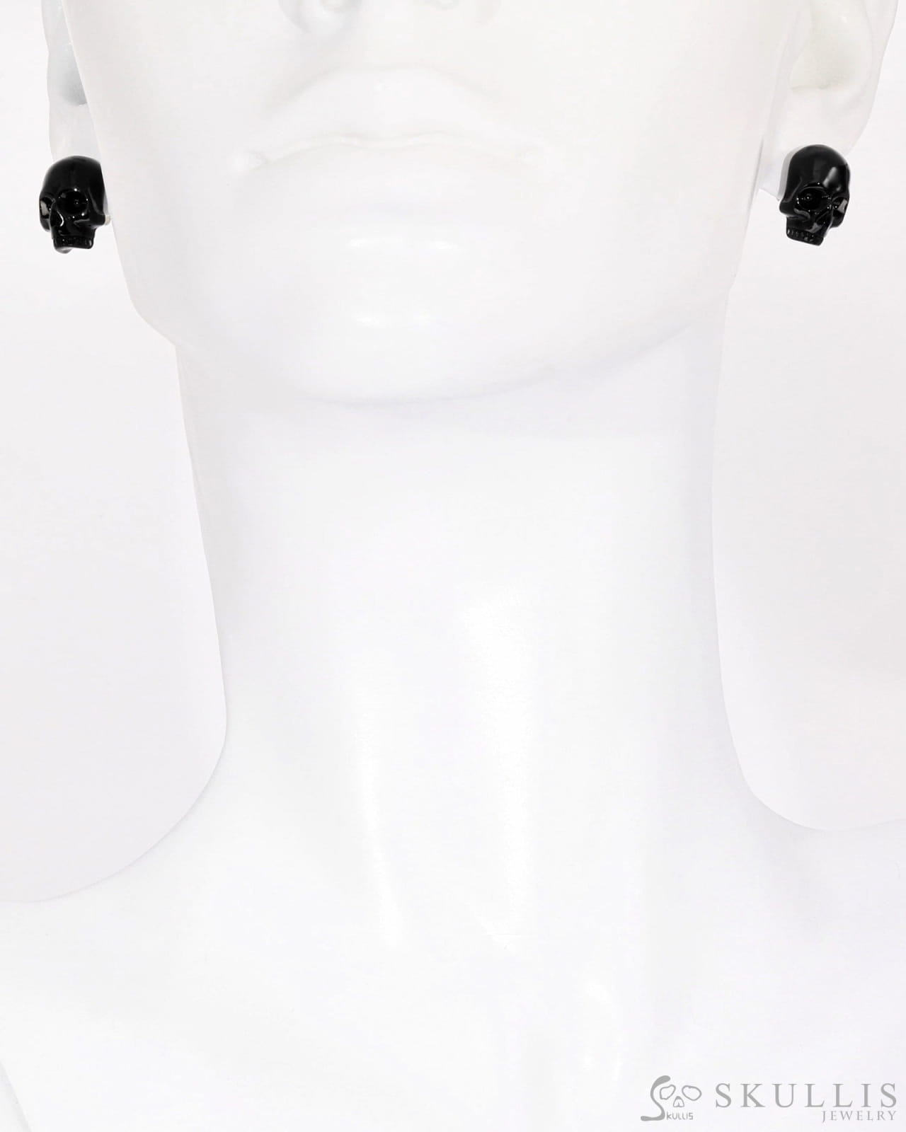 Gem Skull Earrings of Black Obsidian Carved Skull in 925 Sterling Silver Skull Earrings