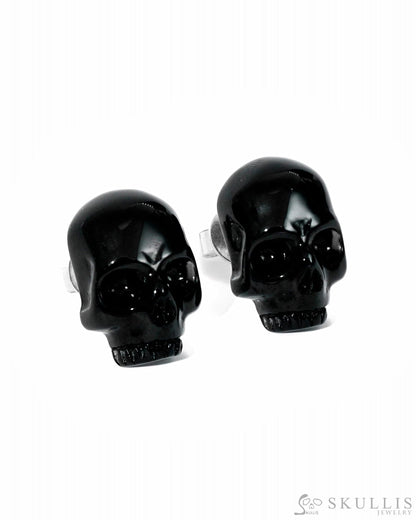 Gem Skull Earrings of Black Obsidian Carved Skull in 925 Sterling Silver Skull Earrings