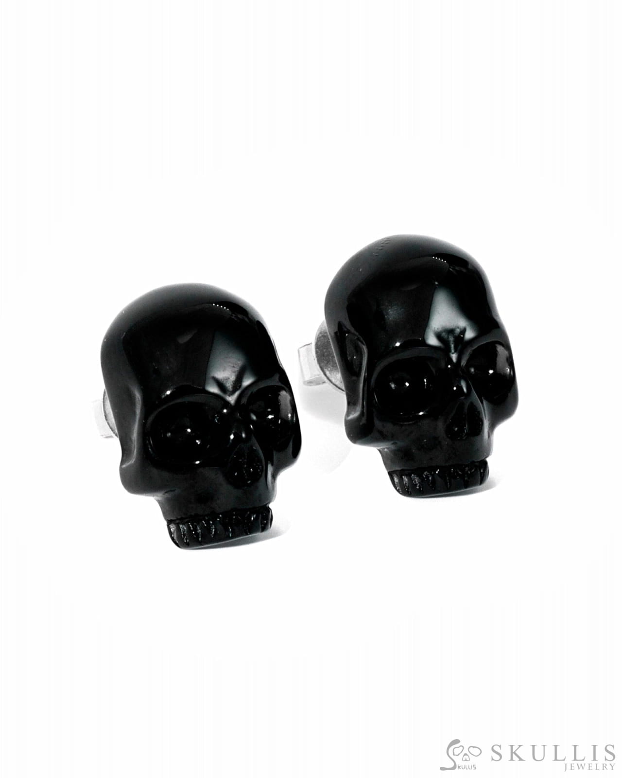 Gem Earrings Of Black Obsidian Carved Skull In 925 Sterling Silver. Skull