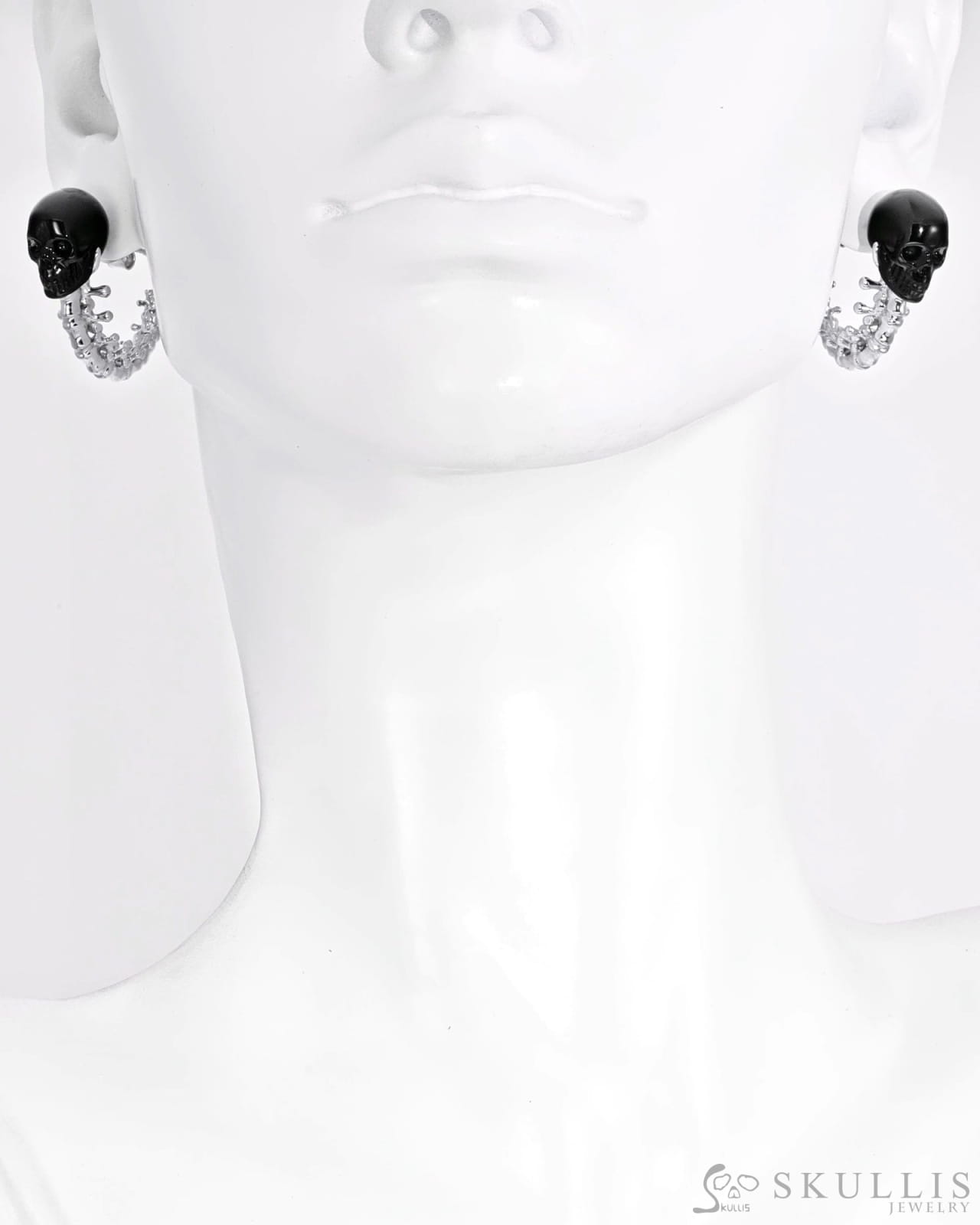 Gem Skull Earrings of Black Obsidian Carved Skull with 925 Sterling Silver Spines Skull Earrings