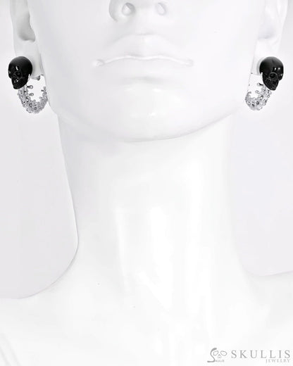 Gem Skull Earrings of Black Obsidian Carved Skull with 925 Sterling Silver Spines Skull Earrings