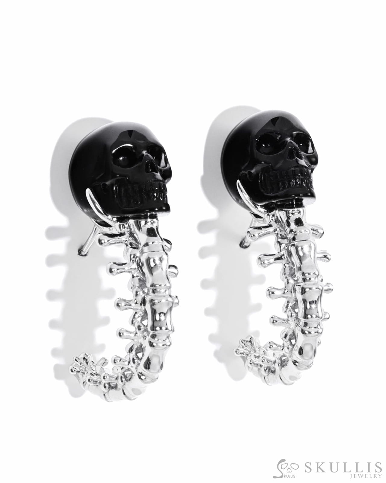 Gem Skull Earrings of Black Obsidian Carved Skull with 925 Sterling Silver Spines Skull Earrings