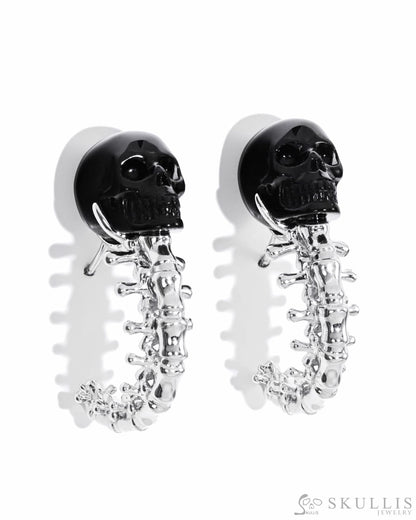 Gem Skull Earrings of Black Obsidian Carved Skull with 925 Sterling Silver Spines Skull Earrings