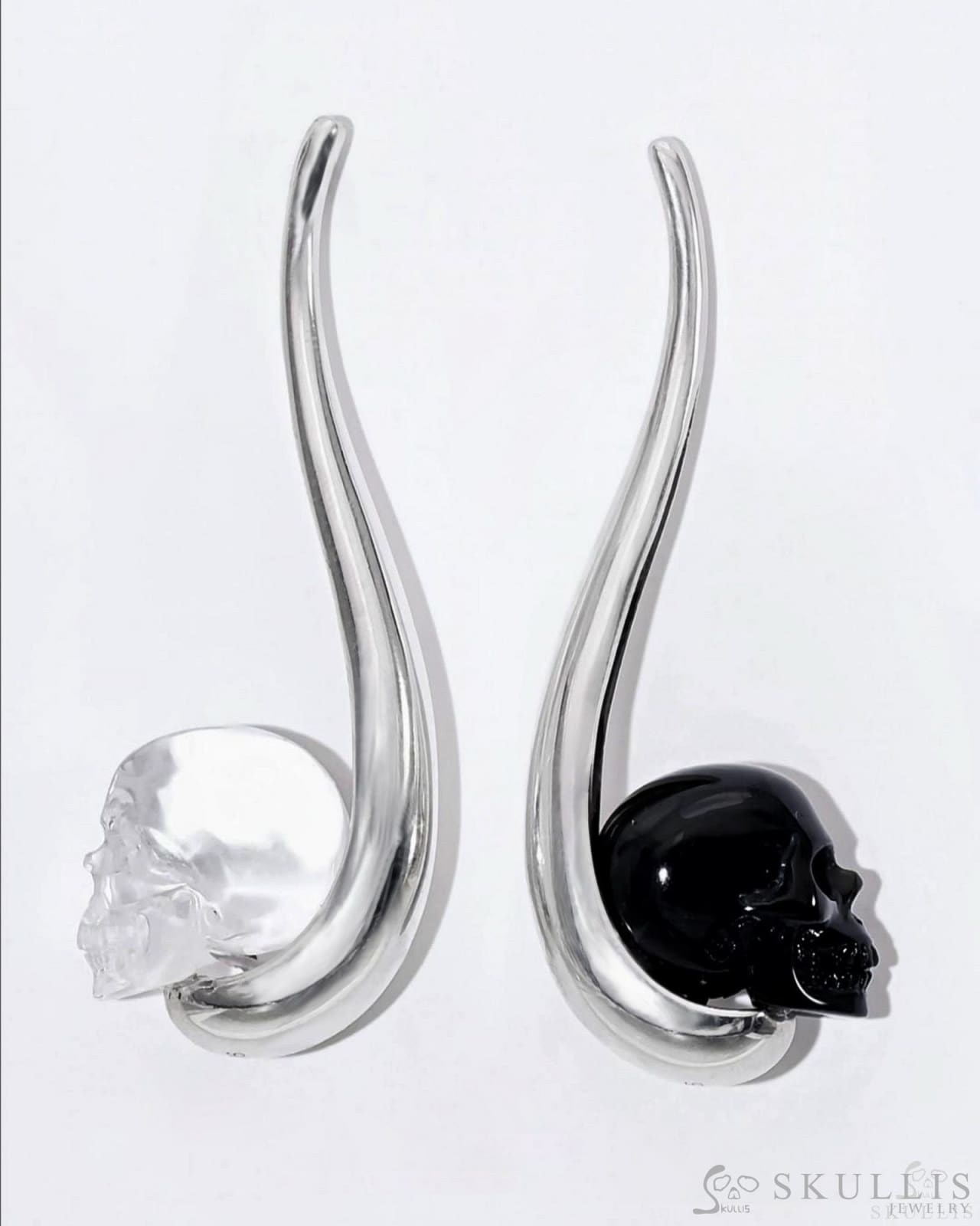 Gem Skull Earrings Of Black Obsidian & Quartz Rock