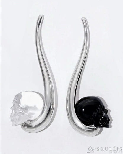 Gem Skull Earrings Of Black Obsidian & Quartz Rock
