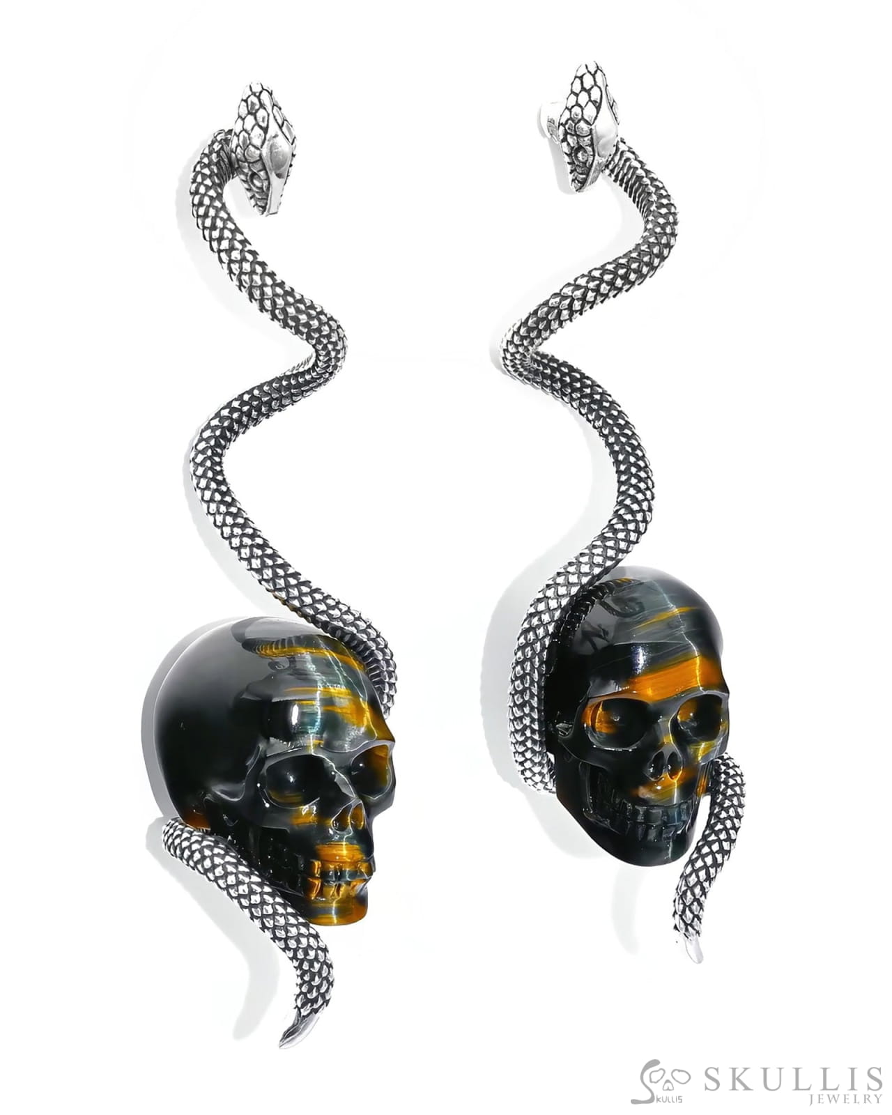Gem Skull Earrings of Blue & Gold Tiger’s Eye Carved Skull with 925 Sterling Silver Snake Skull Earrings