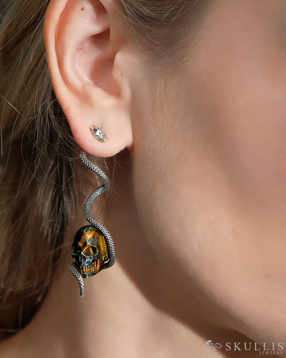 Gem Skull Earrings of Blue & Gold Tiger’s Eye Carved Skull with 925 Sterling Silver Snake Skull Earrings