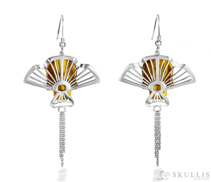 Gem Skull Earrings Of Gold Tiger Eye Carved Skull In 925 Sterling Silver