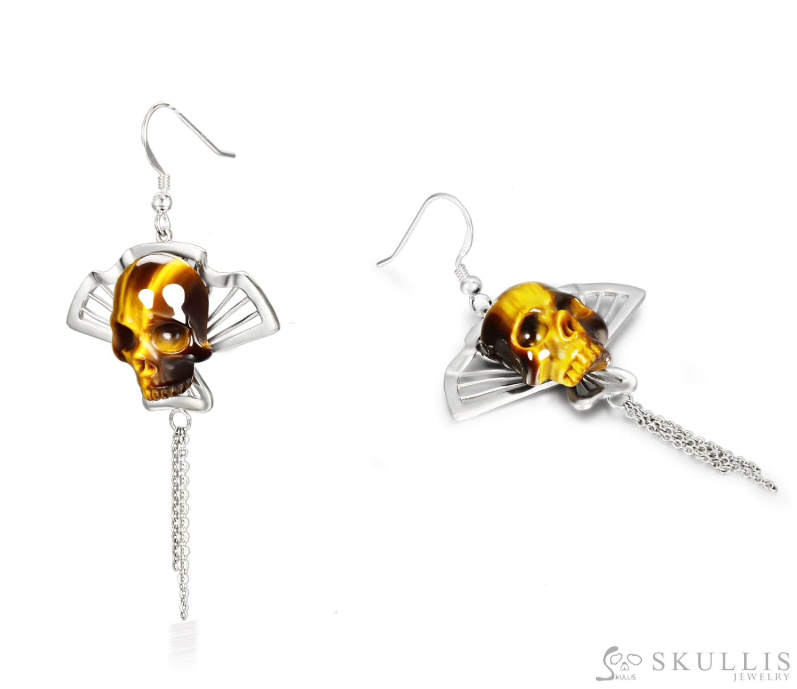 Gem Skull Earrings Of Gold Tiger Eye Carved Skull In 925 Sterling Silver