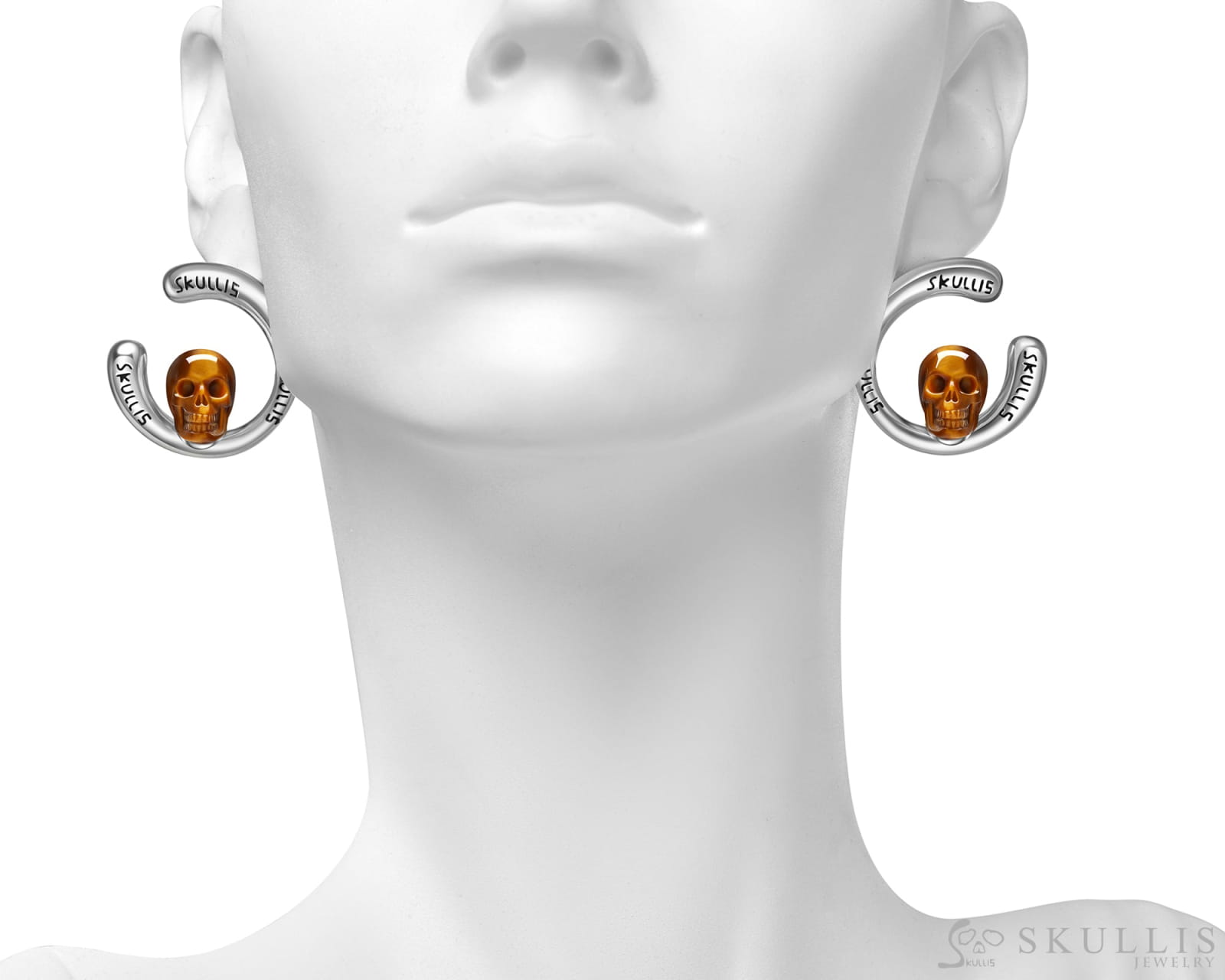 Gem Skull Earrings of Gold Tiger’s Eye Carved Skull in 925 Sterling Silver Skull Earrings