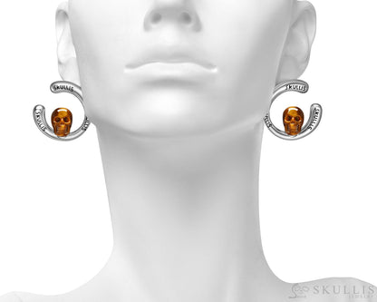 Gem Skull Earrings of Gold Tiger’s Eye Carved Skull in 925 Sterling Silver Skull Earrings